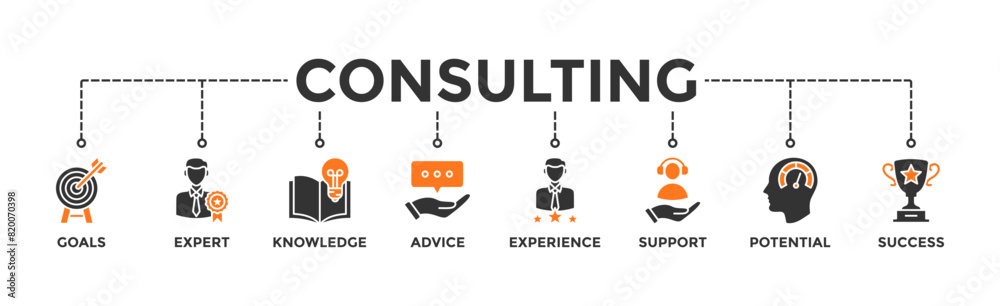 Consulting banner web icon vector illustration concept for business consultation with an icon of goals, expert, knowledge, advice, experience, support, potential, and success Consulting banner web icon vector illustration concept for business consultation with an icon of goals, expert, knowledge, advice, experience, support, potential, and success