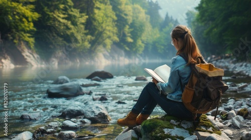 Girl reads by serene river. photo