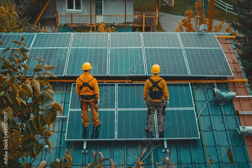 Wallpaper Mural top view of two men technicians installing solar panel technology above a house  Torontodigital.ca