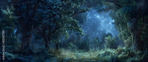 Enchanting Nighttime Landscape with Glowing Starry Sky in Mystical Woodland