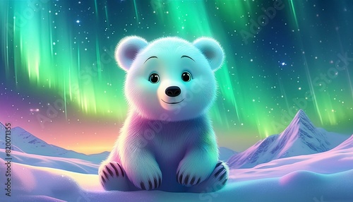 render cute Baby ice bear with big Eyes, friendly and sitting in a Beautiful Snow landscape with northern lights © Zaheer