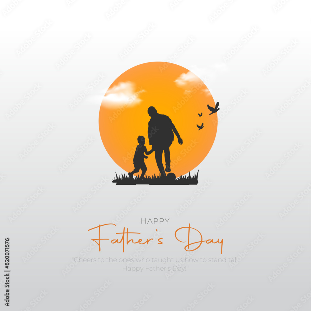 Happy Father's Day with dad and children silhouettes. Vector greeting card with a nice sunset of Father's Day. vector illustration.