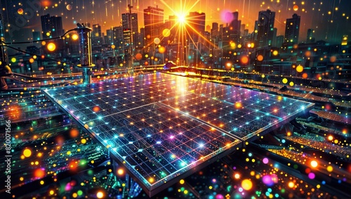 A futuristic, cityscape with skyscrapers and a large array of solar panels in the foreground, emitting colorful lights and particles, creating a vibrant and energy-filled atmosphere.