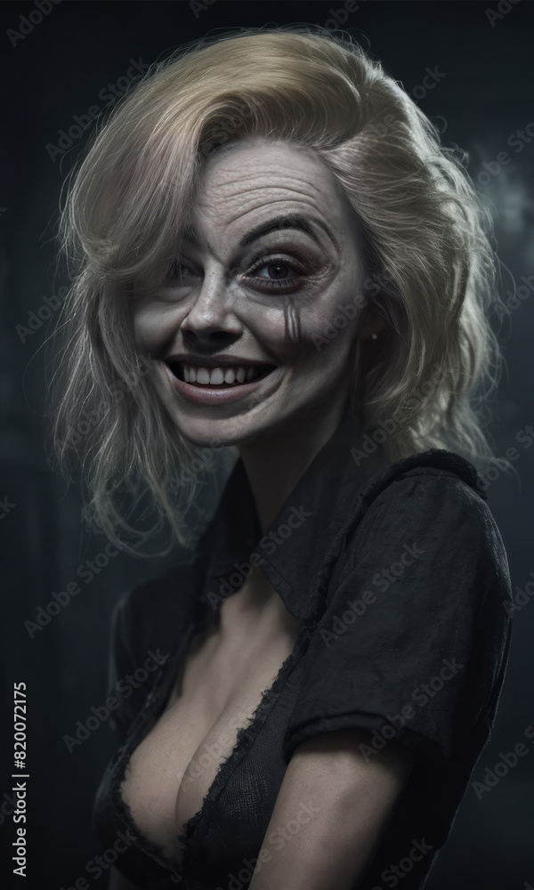 Joker style woman,  This image depicts a woman with an unnaturally wide, unsettling grin on her face. Her features are distorted and exaggerated, giving her a creepy, ghoulish appearance. She has wild
