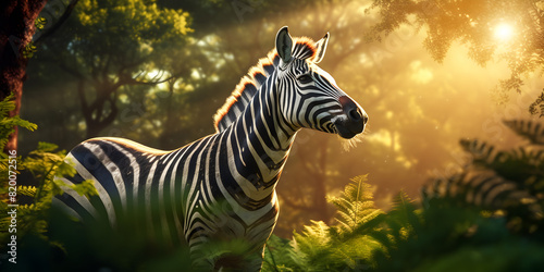 Zebra in a meadow surrounded by greenery under the sunlight, A captivating okapi with its zebralike stripes in the forest, generative AI 