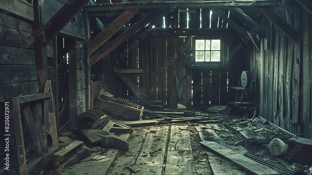 Abandoned barn interior, wooden planks forming walls and floor, scattered vintage agricultural tools Abandoned barn interior, wooden planks forming walls and floor, scattered vintage agricultural tools