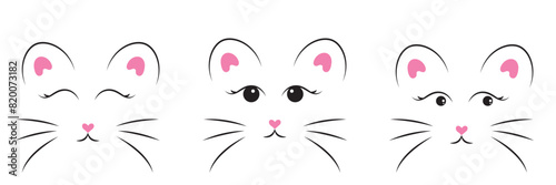 Cat head icons. Set of flat cartoon cats in kawaii style isolated. Collection of cat faces, emoticons, images, signs. Vector