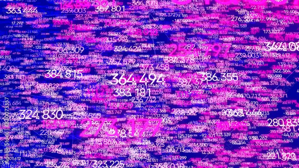 Abstract many numbers character motion graphic futuristic animation with plexus lines as 3d modeling procedural geometric numerical numbers characterized objects and lines.