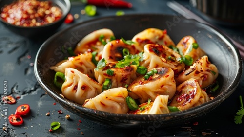 Chinese dumplings with chili peppers.