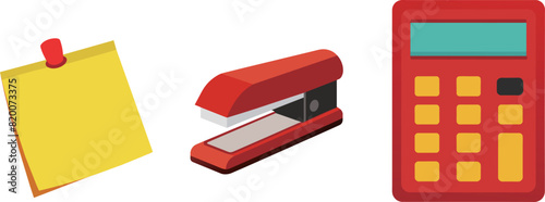 illustration student studying useful tools, post-it,calculator,stapler