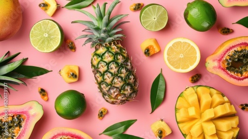 Amazing top view design featuring exotic summer fruits on a pink backdrop  including papaya  pineapple  lime  yellow mango  and passion fruit