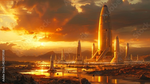 A spaceport bustling with activity As modern spaceships prepare for interplanetary travel.
