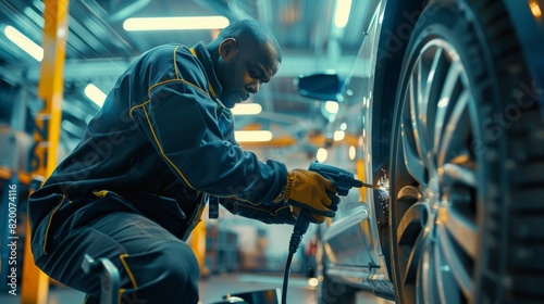 A mechanic is working on a car in an auto repair shop, using a cutting wheel tool. This side view shows the precision and expertise of a professional technician in vehicle maintenance