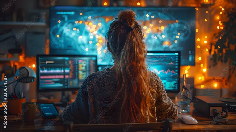 Professional data analyst sitting at workstation Deep dive into the data set.