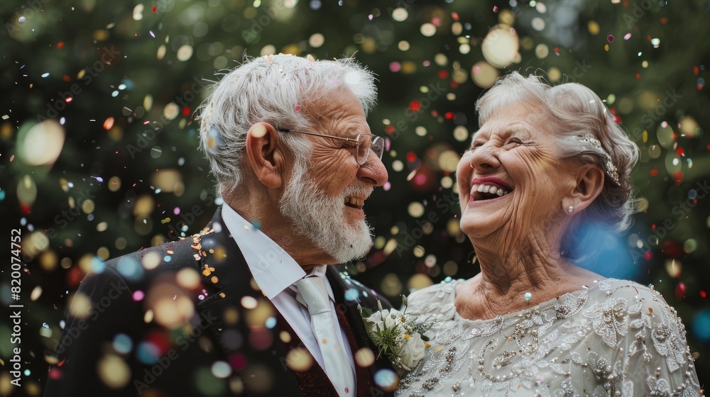 Happy Seniors Getting Married. Mature married couple celebrating with confetti. Celebration of love Happy Seniors Getting Married. Mature married couple celebrating with confetti. Celebration of love