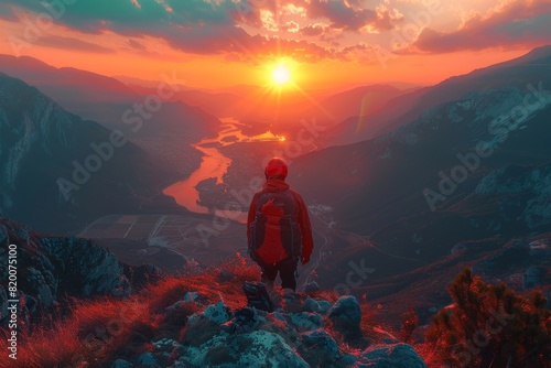 A man is standing on top of a mountain looking at the sunset