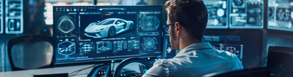 An engineer in a hightech lab designs a futuristic vehicle using digital interfaces and advanced automotive tech with precision in a workspace geared for innovation in the automotive industry An engineer in a hightech lab designs a futuristic vehicle using digital interfaces and advanced automotive tech with precision in a workspace geared for innovation in the automotive industry
