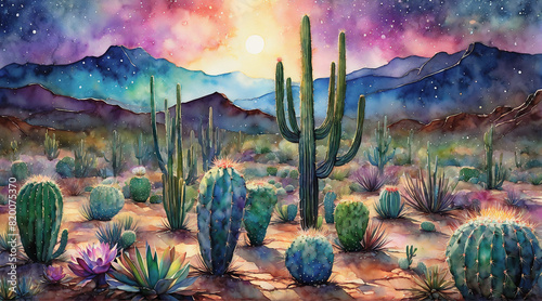 Cactus field in the desert in a sunset iridescent sky, watercolor painting style, generative AI. photo