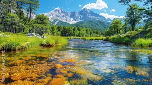 The picture portrays a crystal-clear stream winding through a pristine wilderness, highlighting the purity and vitality of freshwater ecosystems