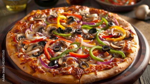 A delicious vegetarian pizza loaded with colorful bell peppers, mushrooms, onions, olives, and melted cheese.