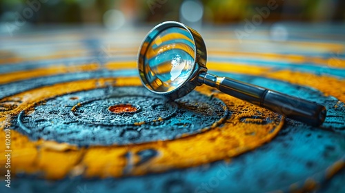 Image of a magnifying glass focused on a specific target Demonstrates the importance of clarity and precision in business objectives..