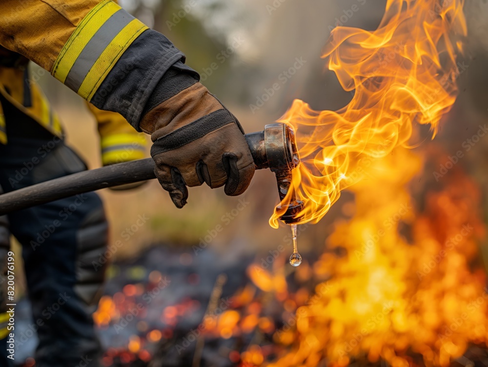 A firefighter is holding a hose with a flame coming out of it. The scene is set in a forest with a fire burning A firefighter is holding a hose with a flame coming out of it. The scene is set in a forest with a fire burning