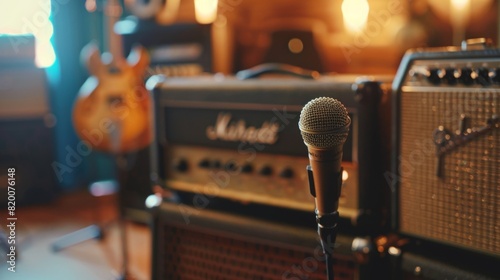 A dynamic microphone in front of a guitar amplifier, set up for a live music performance. photo