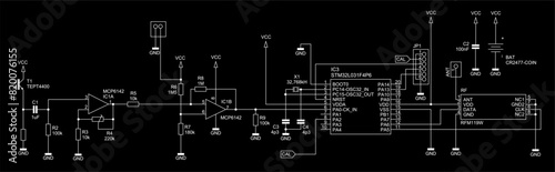 Schematic diagram of electronic device.
Vector drawing electrical circuit with 
operational amplifier, resistor, capacitor,
integrated circuit, photo transistor, 
other components. 