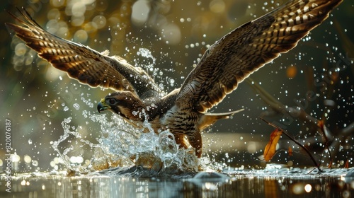 Falcon diving to catch a fish, shot as soon as falcon beak touches the water photo