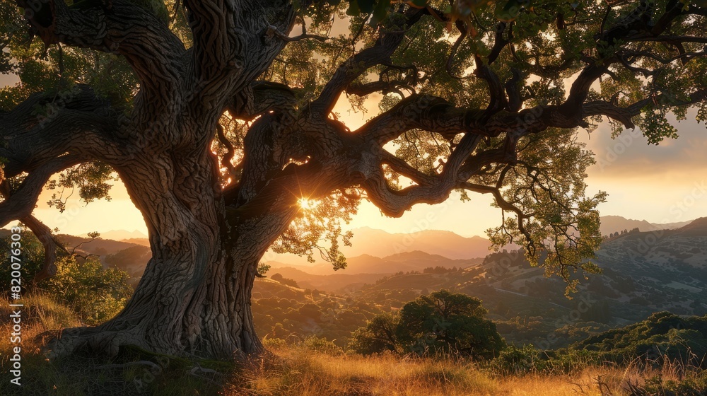 Fototapeta premium Close-up of a grand oak tree, radiant sunset lighting up the sky, distant mountains framing the scene