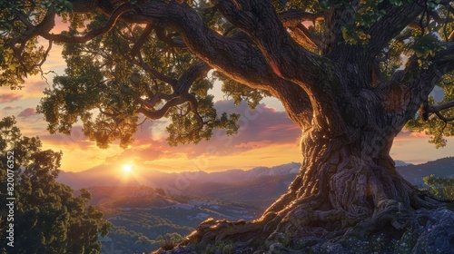 Close-up of a grand oak tree, radiant sunset lighting up the sky, distant mountains framing the scene