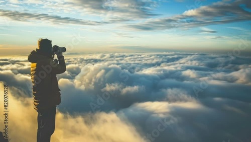 person taking a photo from above, above the clouds and sky, looking at the camera in a side view. The photo is taken in the style of Anthropic photo
