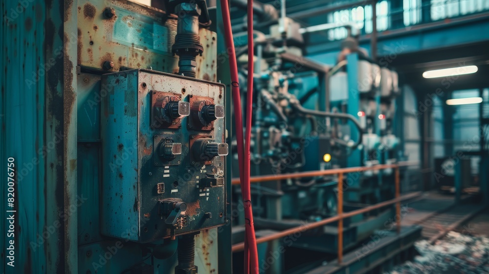 Close-up of a factory electric box, tripped breaker highlighted, background showing industrial equipment Close-up of a factory electric box, tripped breaker highlighted, background showing industrial equipment