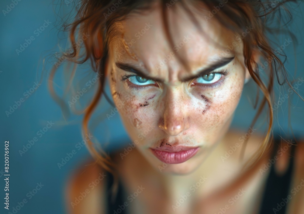 Portrait of a young angry woman with red hair and blue eyes looking at the camera with a serious expression Portrait of a young angry woman with red hair and blue eyes looking at the camera with a serious expression