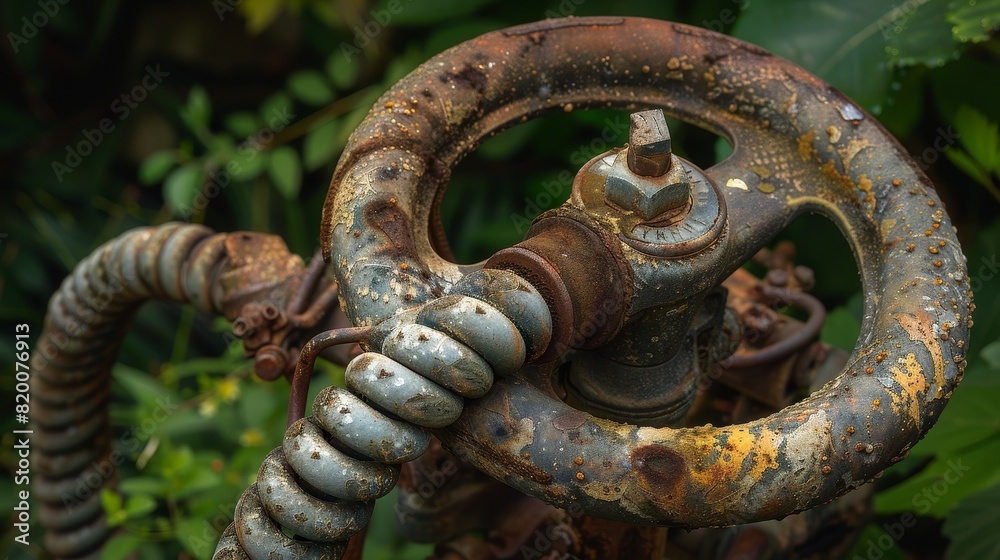 Close-up of a dirty hose coiled around an old, rusted wheel mount, with garden foliage in the background Close-up of a dirty hose coiled around an old, rusted wheel mount, with garden foliage in the background