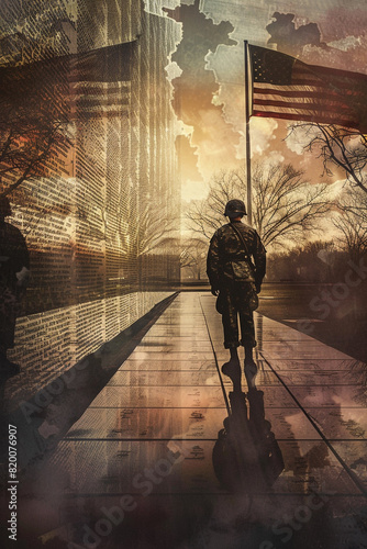   soldier in uniform standing solemnly in front of a wall of names at a memorial, with an American flag waving gently in the background. The scene should evoke a sense of honor, sacrifice, and reflect © Sansha Creation