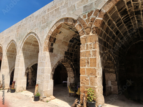 Partial view of left side of the courtyard of Mahperi Hatun Caravanserai in Pazar district of Tokat province in Turkey