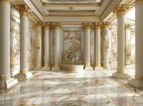Luxurious Hall with Marble Columns and Golden Details