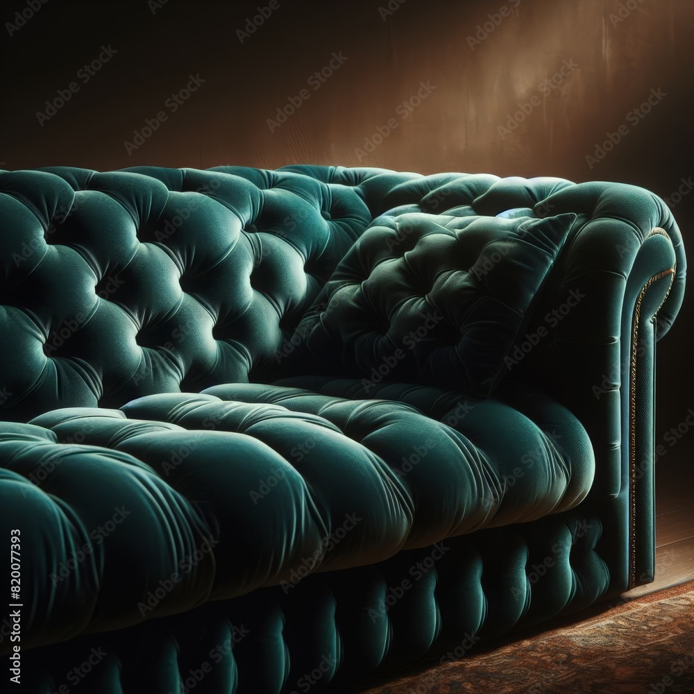Obraz premium luxurious, tufted velvet sofa with deep button details, rich and plush texture, in a deep shade of teal with warm and ambient lightin