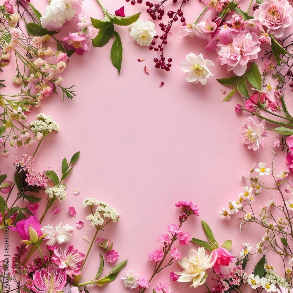 Obraz premium Beautiful delicate flowers on a pink background. Abstract layout of a color frame with space for text. An invitation to a wedding. The concept of International Women's Day, Mother's Day.