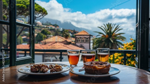 In a cafe overlooking Funchal town, Madeira, Portugal, one can enjoy a traditional Portuguese honey and nut delicacy called bolo de mel along with two glasses of Madeira