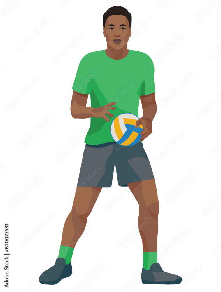 Ugandan volleyball player in a green sports uniform standing with the ball in his hands during a game Ugandan volleyball player in a green sports uniform standing with the ball in his hands during a game
