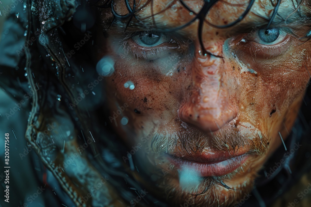 A close up of a man s face with water coming out of his eyes