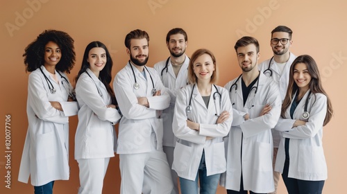 Diverse medical professionals in lab coats smiling at the camera, showing unity and teamwork. The team includes doctors, nurses, surgeons, therapists, and other health professionals