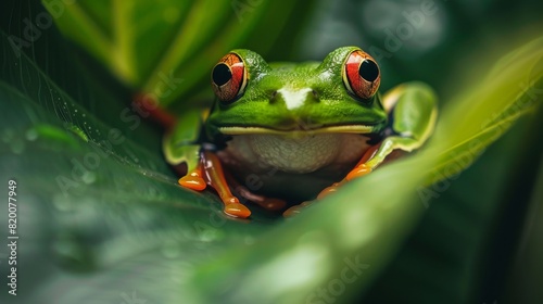 Frog hid behind the green leaf watching to camera, only eyes visible