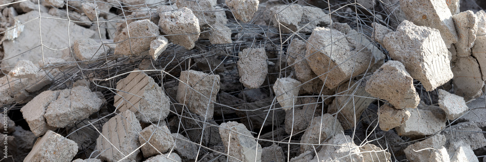 Panoramic image. Closeup of construction rubble with probation Panoramic image. Closeup of construction rubble with probation