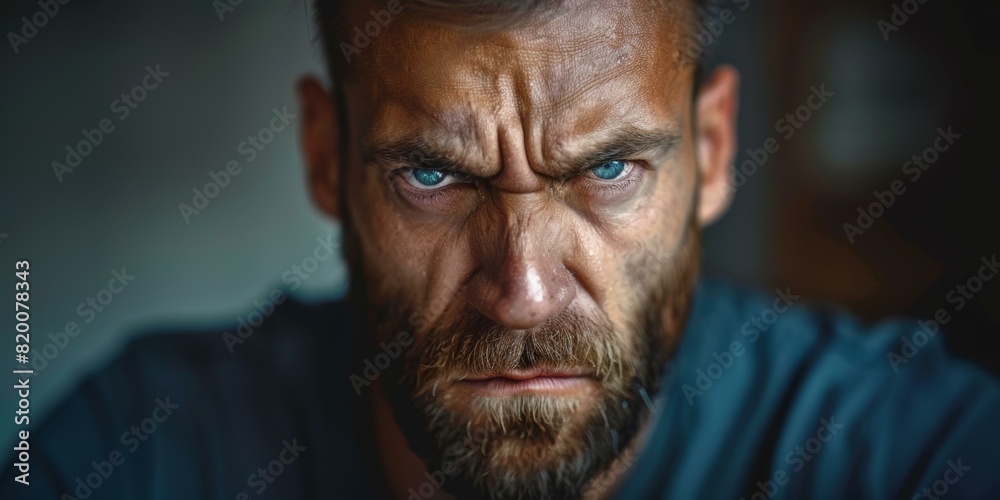 Bearded man looking angry at camera Bearded man looking angry at camera