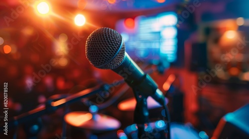 A karaoke setup with a microphone, screen displaying lyrics, and a group of friends ready to sing. photo