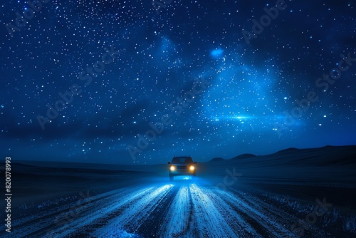 Night drive  starry sky  headlights on  wide angle  deep blues  tranquil and mysterious