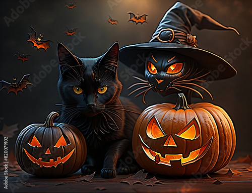 halloween background with pumpkin and bats. Black cat